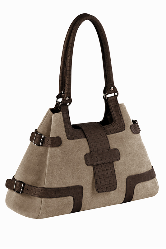 Dark brown and tan beige women's dress handbag, matching pumps and belts. Top view - Florence KOOIJMAN